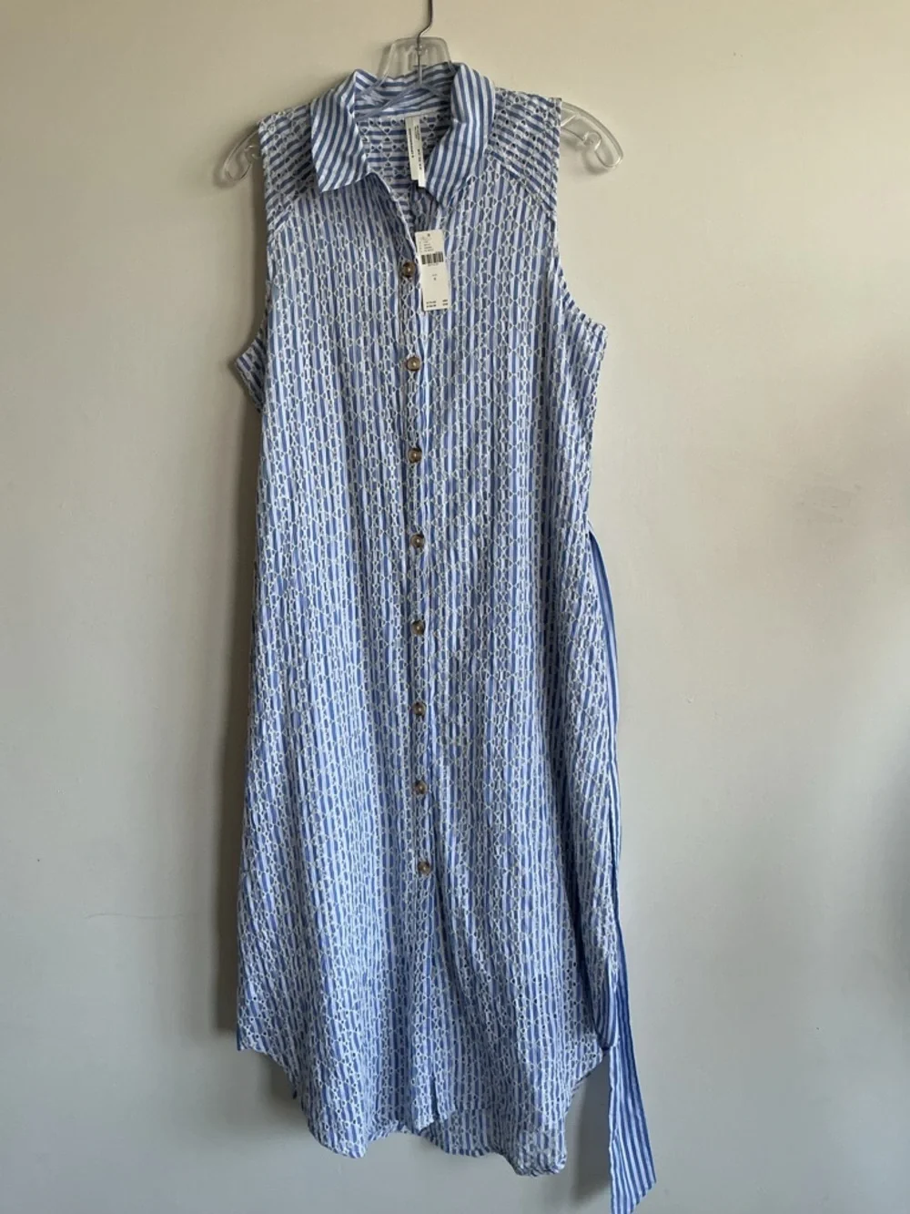 NWT Anthropologie Blue White Striped Eyelet Midi Shirt Dress 8 Coastal Pockets - Picture 7 of 9